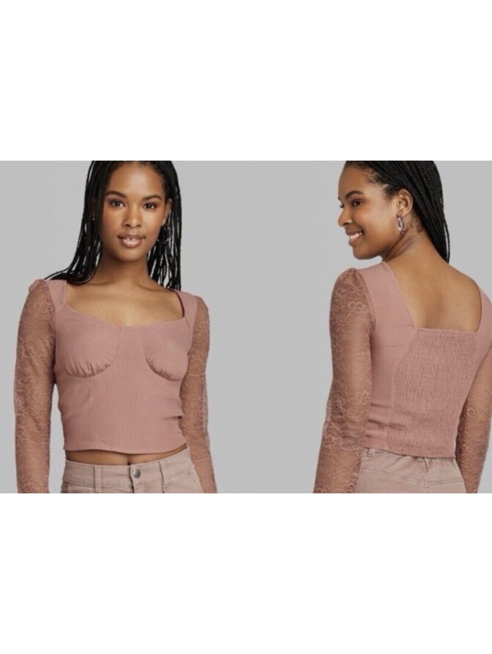 🩷 New Wild Fable Women's Long Sleeve Lace Bustier Top Brown / Dusty Rose Color